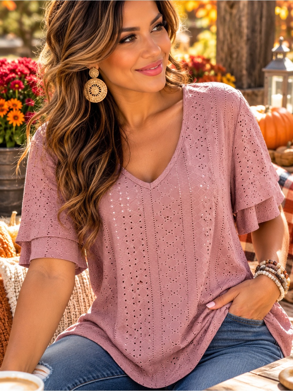 Bloomchic Mauve Eyelet Flutter Sleeve Top – Size 18–20